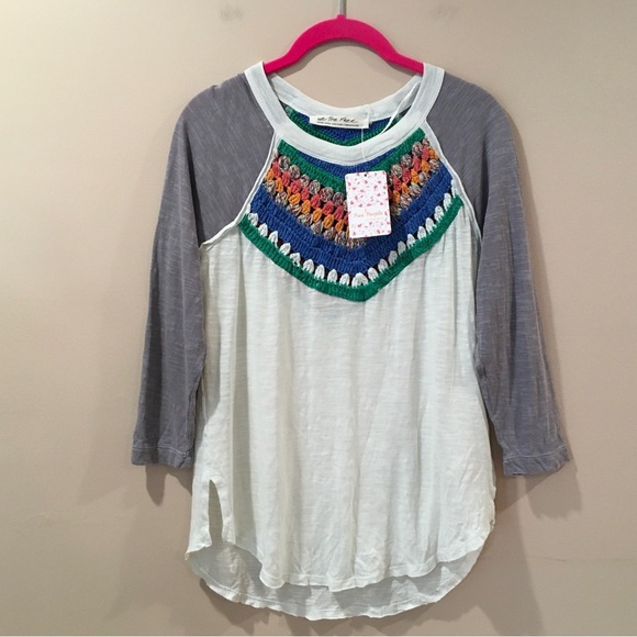 We The Free Spring Bound Crochet Knit Yoke Raglan Sleeve Tee Top XS - Picture 3 of 8